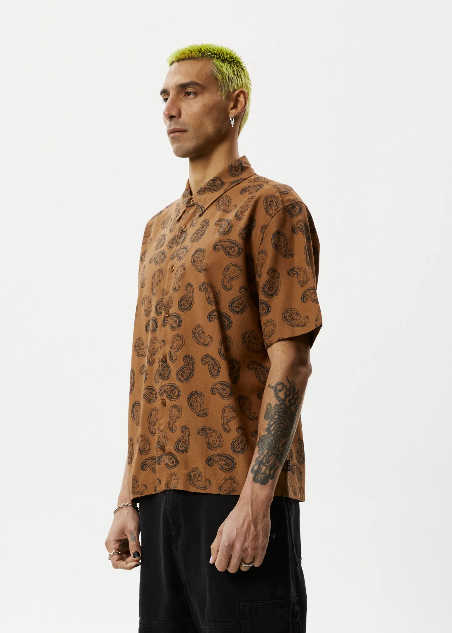 AFENDS Mens Tradition - Paisley Short Sleeve Shirt - Toffee