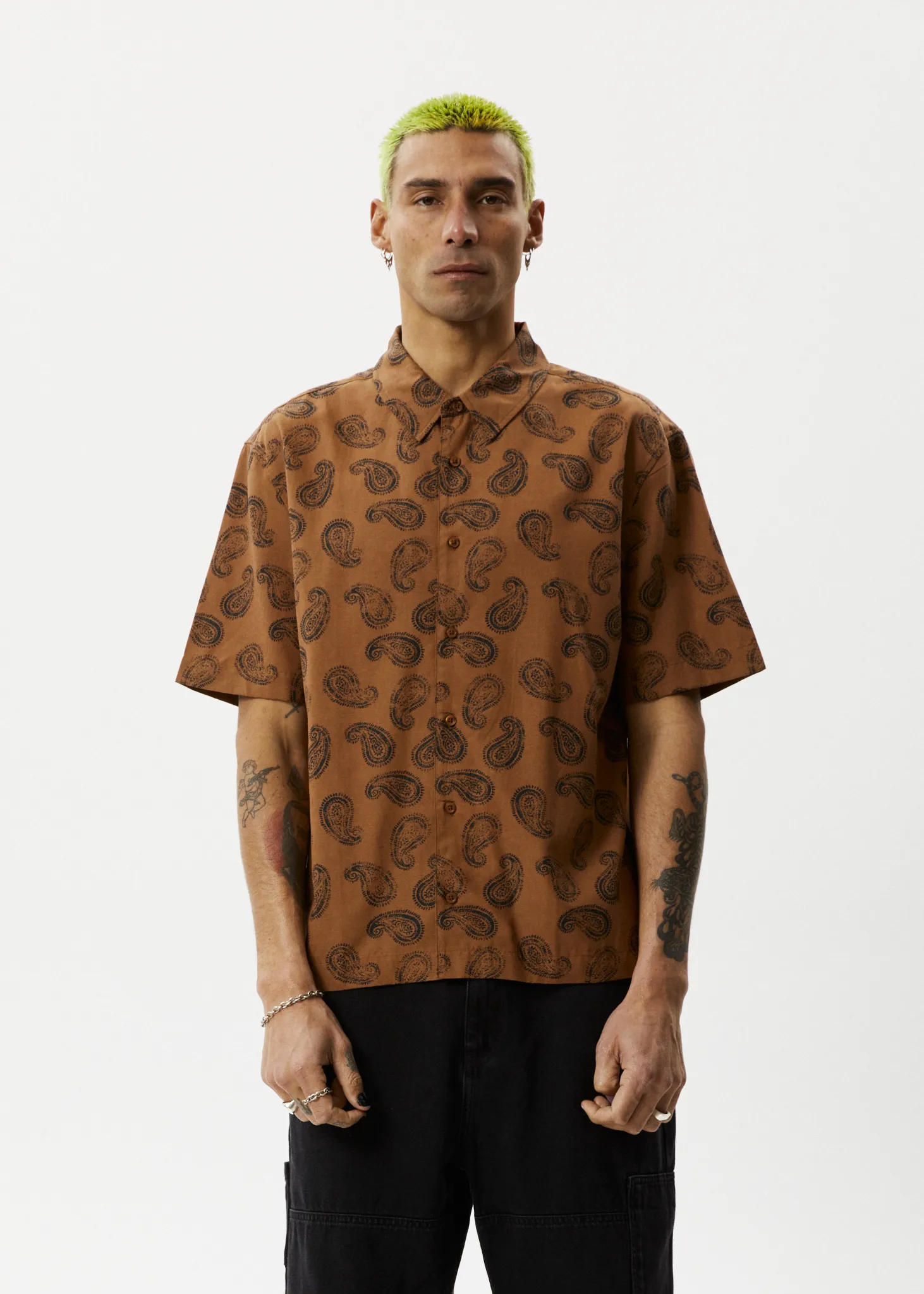 AFENDS Mens Tradition - Paisley Short Sleeve Shirt - Toffee