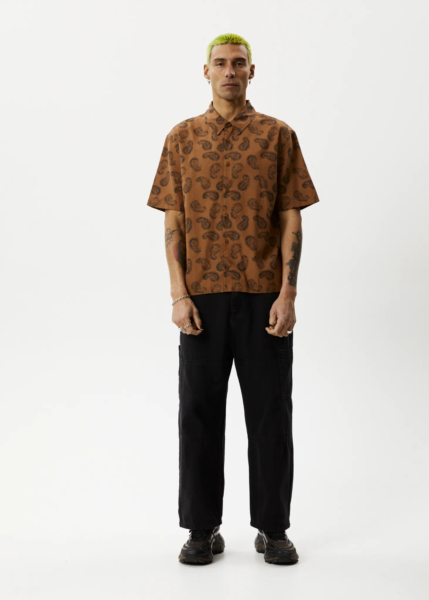 AFENDS Mens Tradition - Paisley Short Sleeve Shirt - Toffee