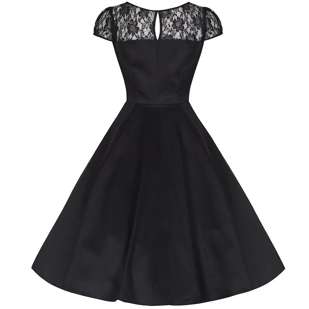 Black Cotton and Lace Mesh Cocktail Rockabilly Swing Dress