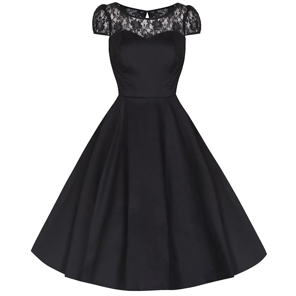 Black Cotton and Lace Mesh Cocktail Rockabilly Swing Dress