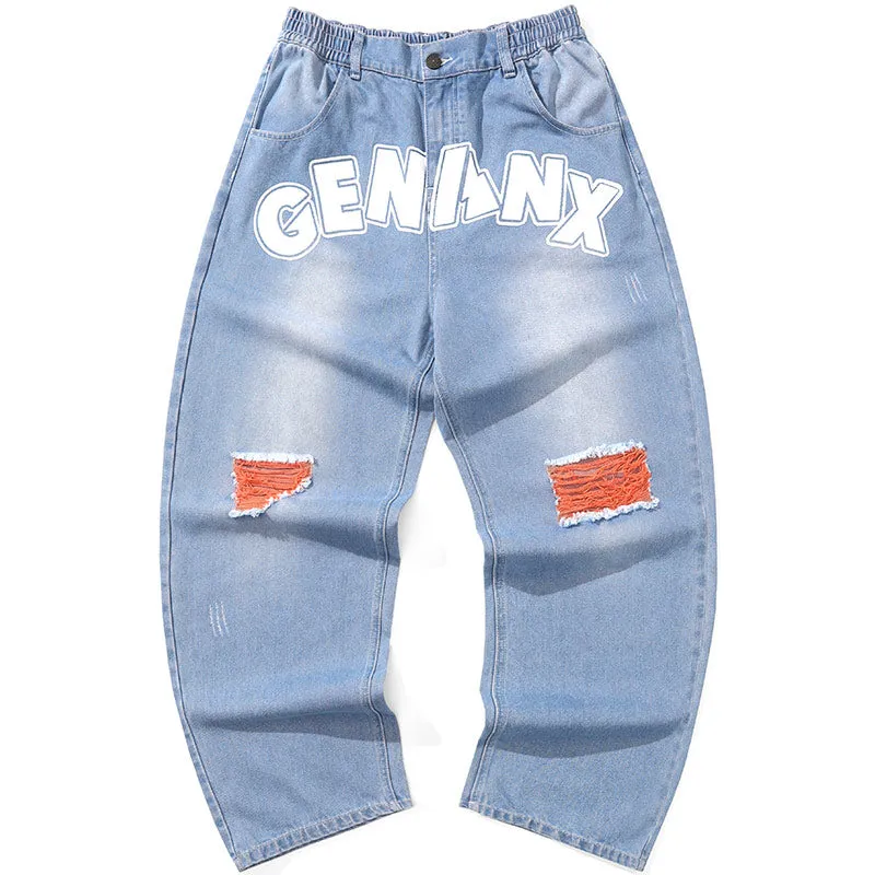 Blue Ripped Letter Print Straight Denim Denim Pants