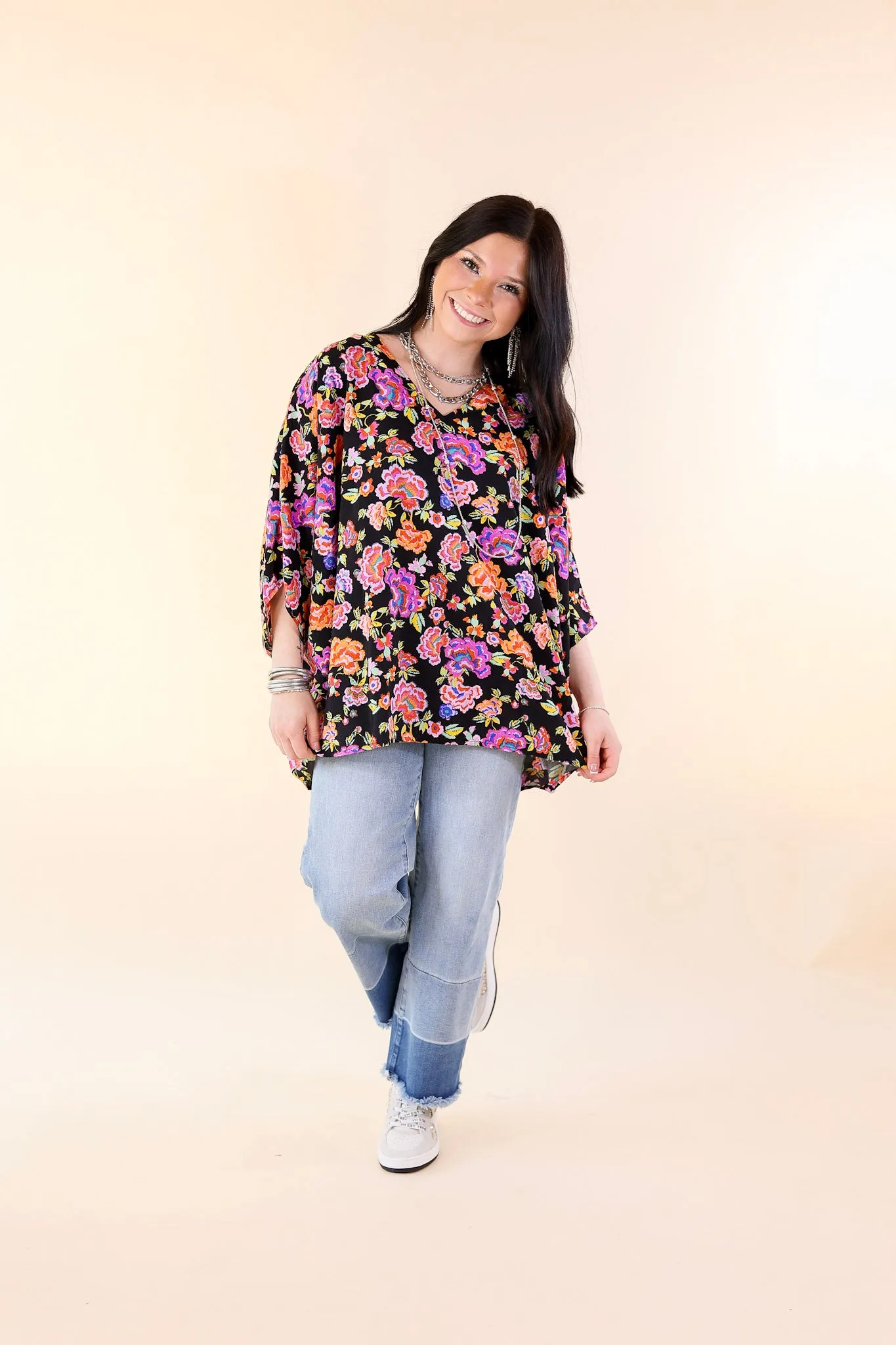 Boho Breeze Floral Print Poncho Top in Black