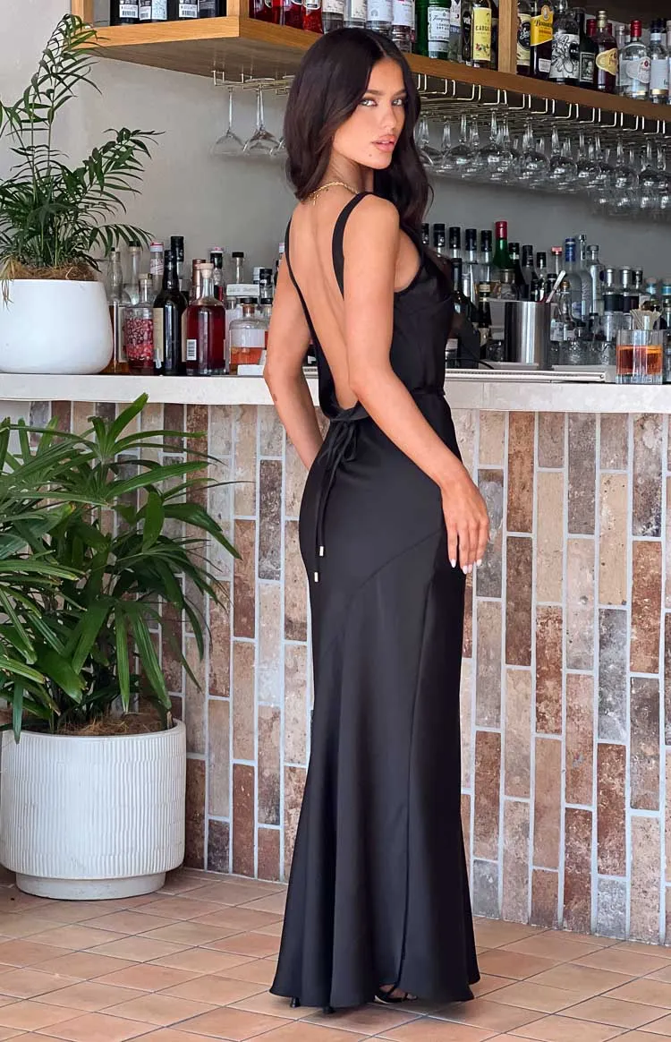 Carnation Black Satin Maxi Dress