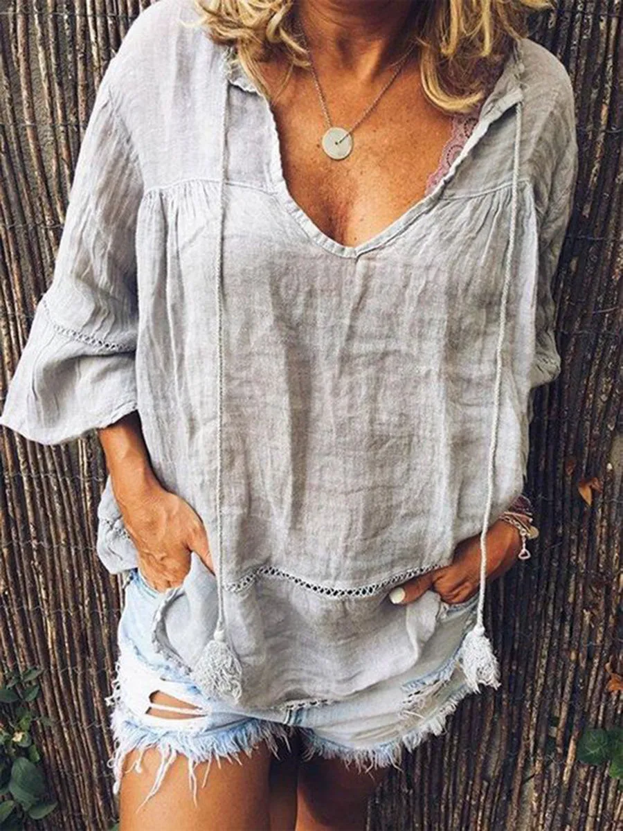 Casual Basic V-neck Cropped Sleeve Top