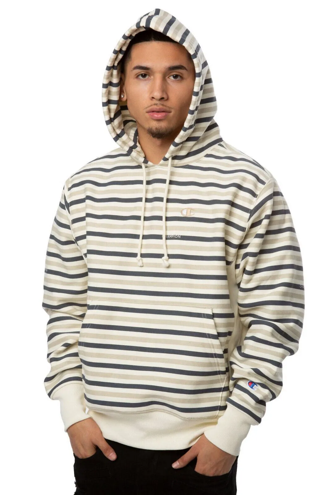 Champion Mens Striped Long Sleeve Fleece Hoodie