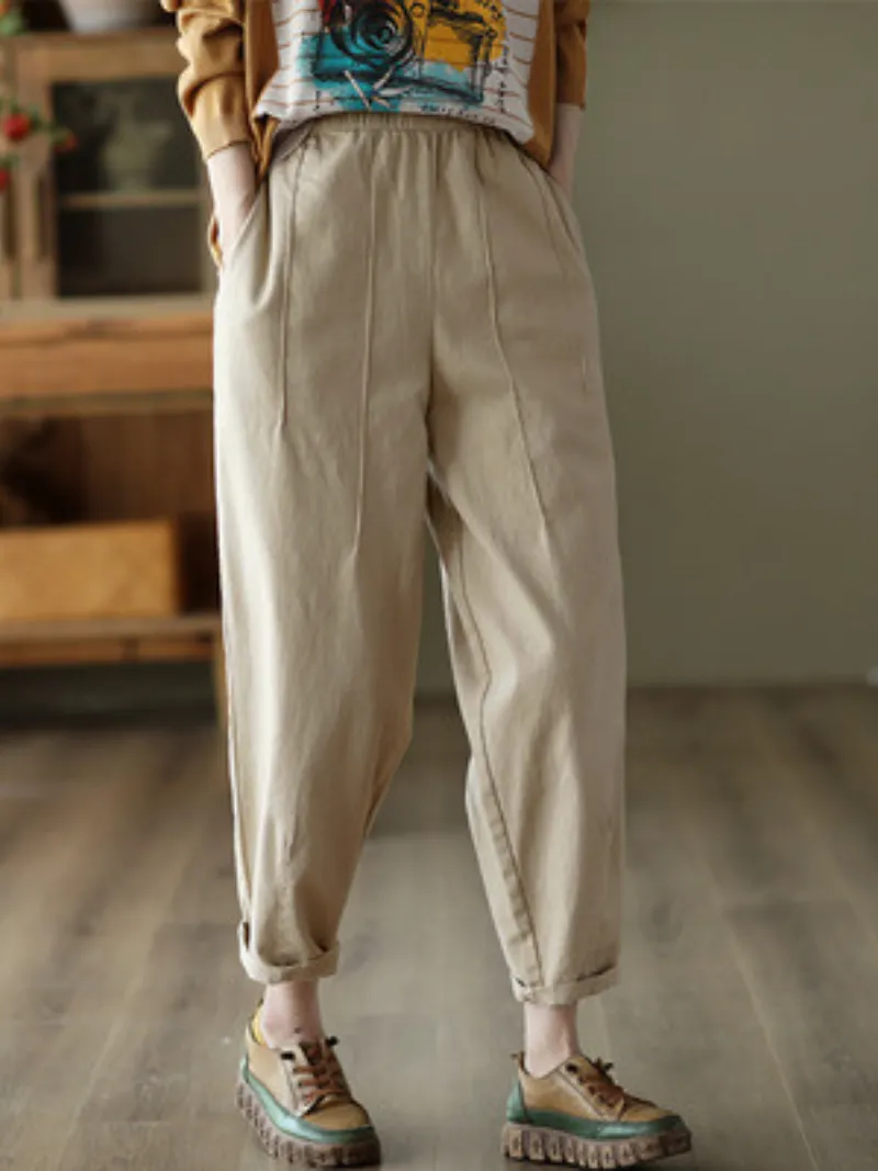 Cotton Elastic Waist Loose Solid Color Casual Harem Pants