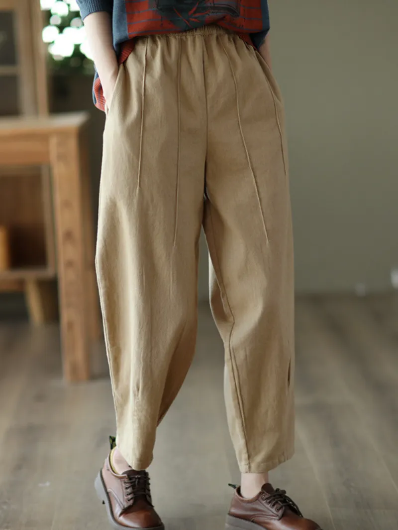 Cotton Elastic Waist Loose Solid Color Casual Harem Pants