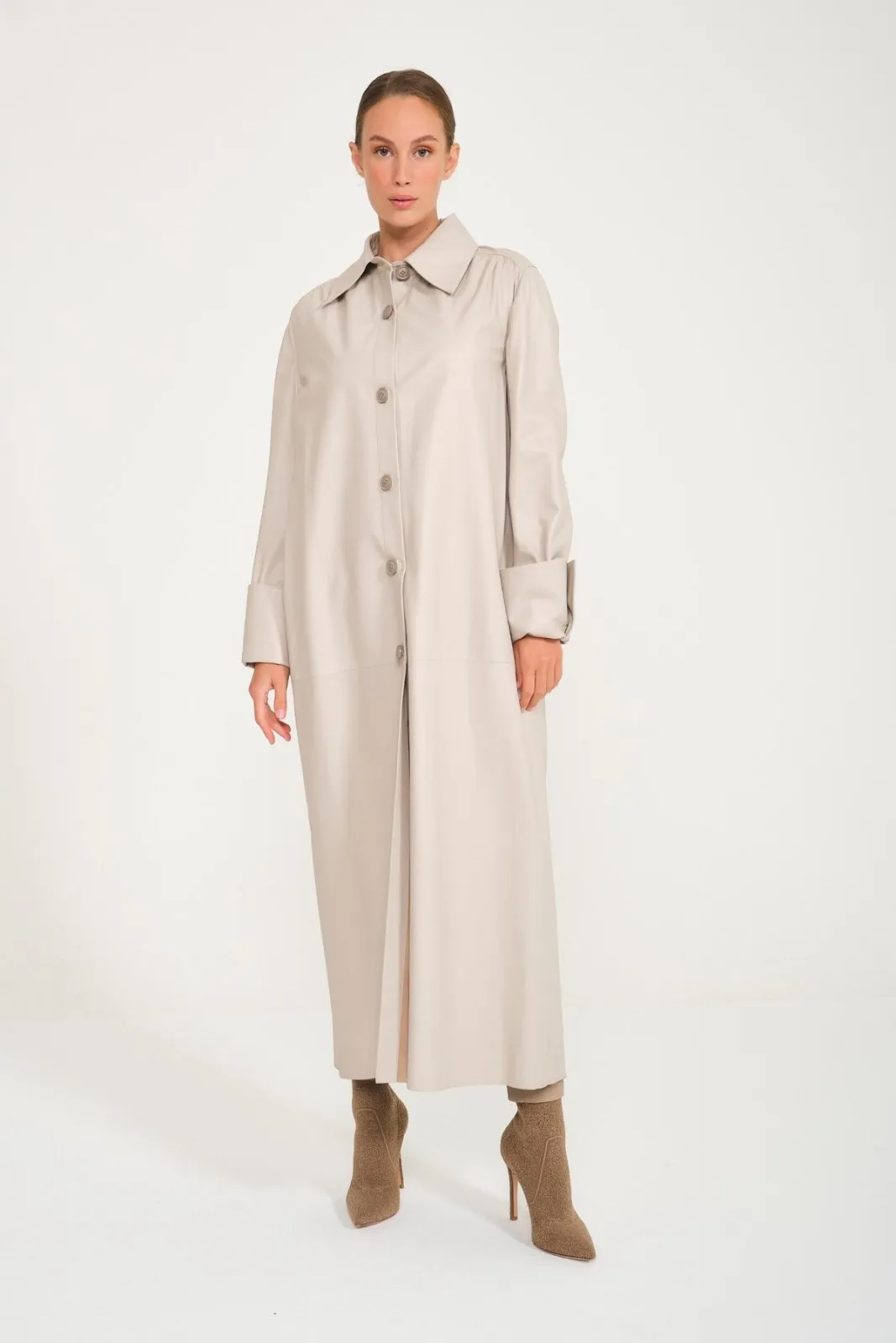 Cream Color Long Leather Trenchcoat