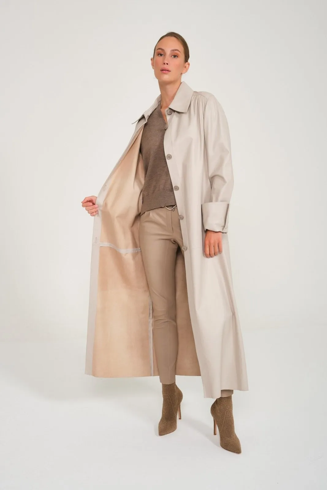 Cream Color Long Leather Trenchcoat