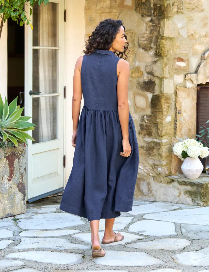 DAPHNE Linen Sleeveless Dress in Navy