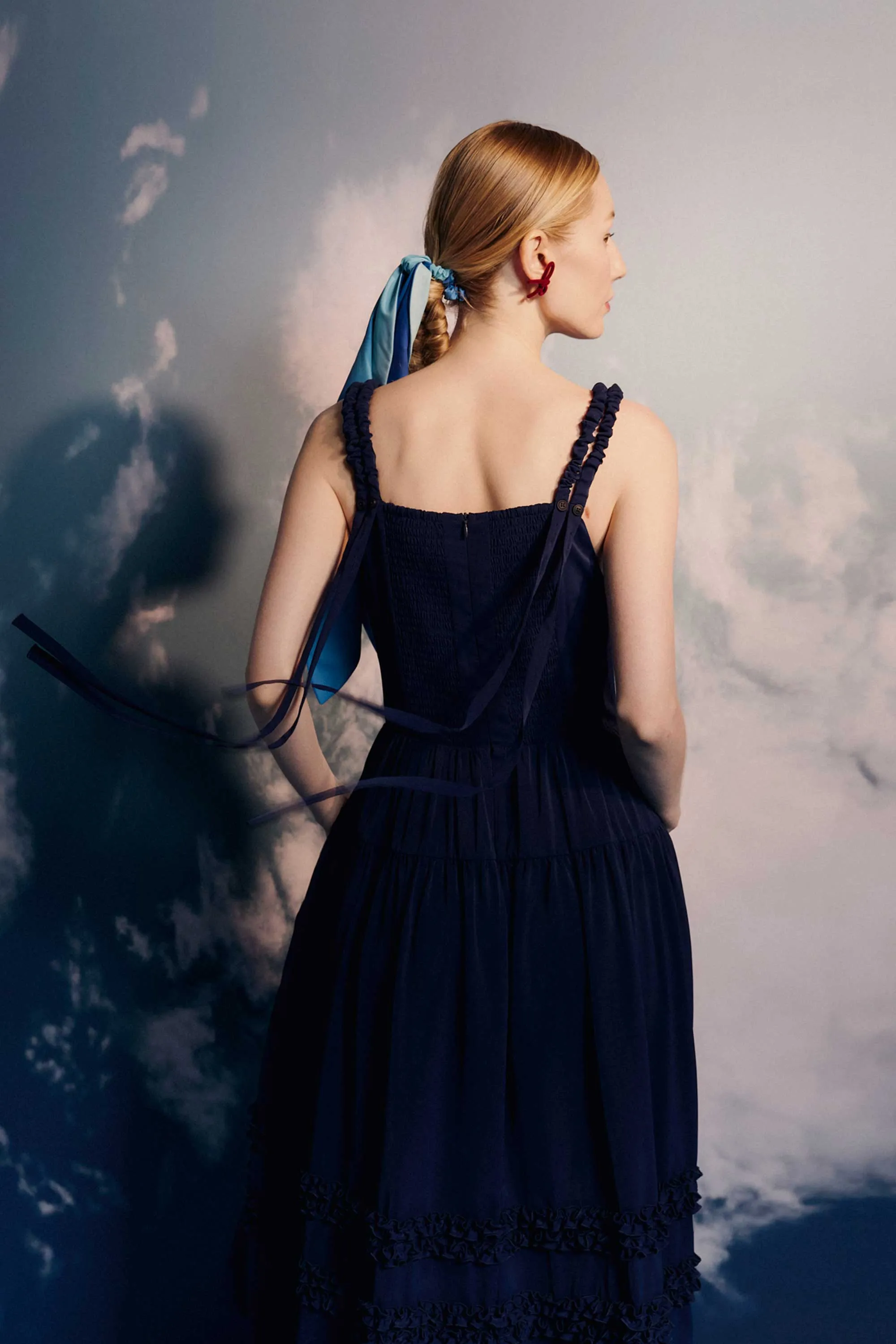 Drawstring Shoulders Frilled Billowing Maxi Dress (Navy)