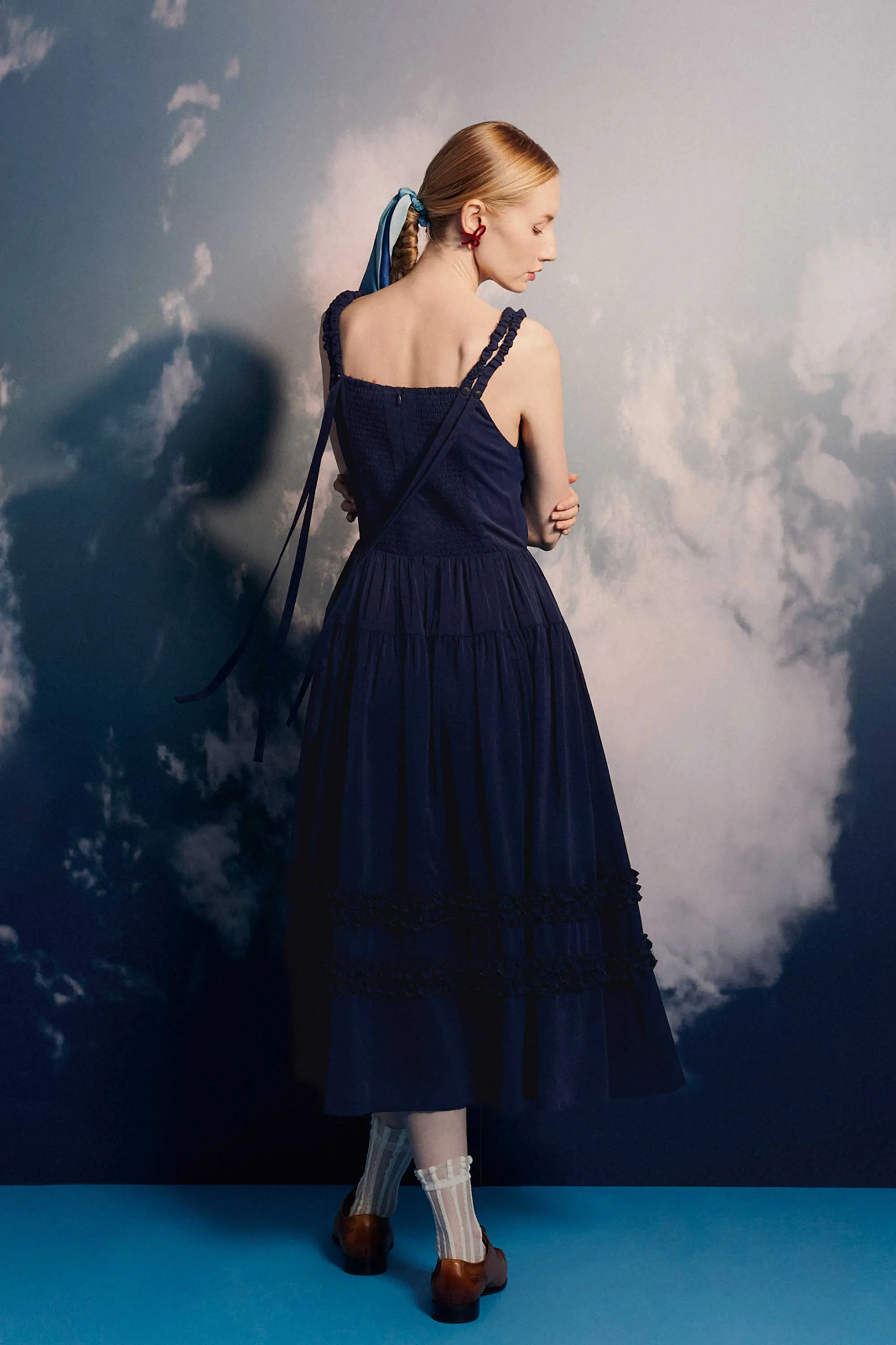 Drawstring Shoulders Frilled Billowing Maxi Dress (Navy)