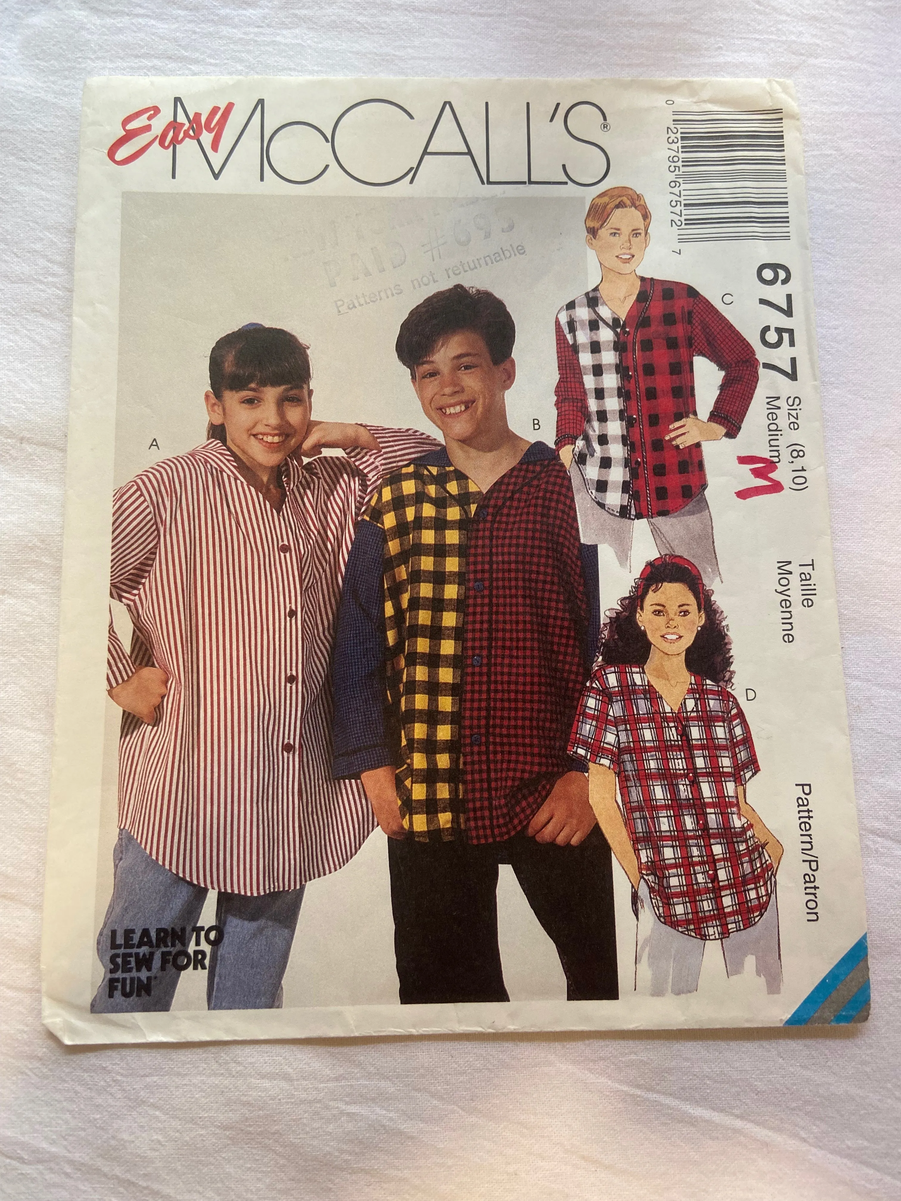 Easy McCall's 6757 Pattern CUT Boys & Girls Tops 8, 10