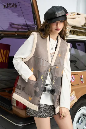 ELFSACK 2024 Winter New Arrivals Imitation suede star cartoon full print furry vest woman