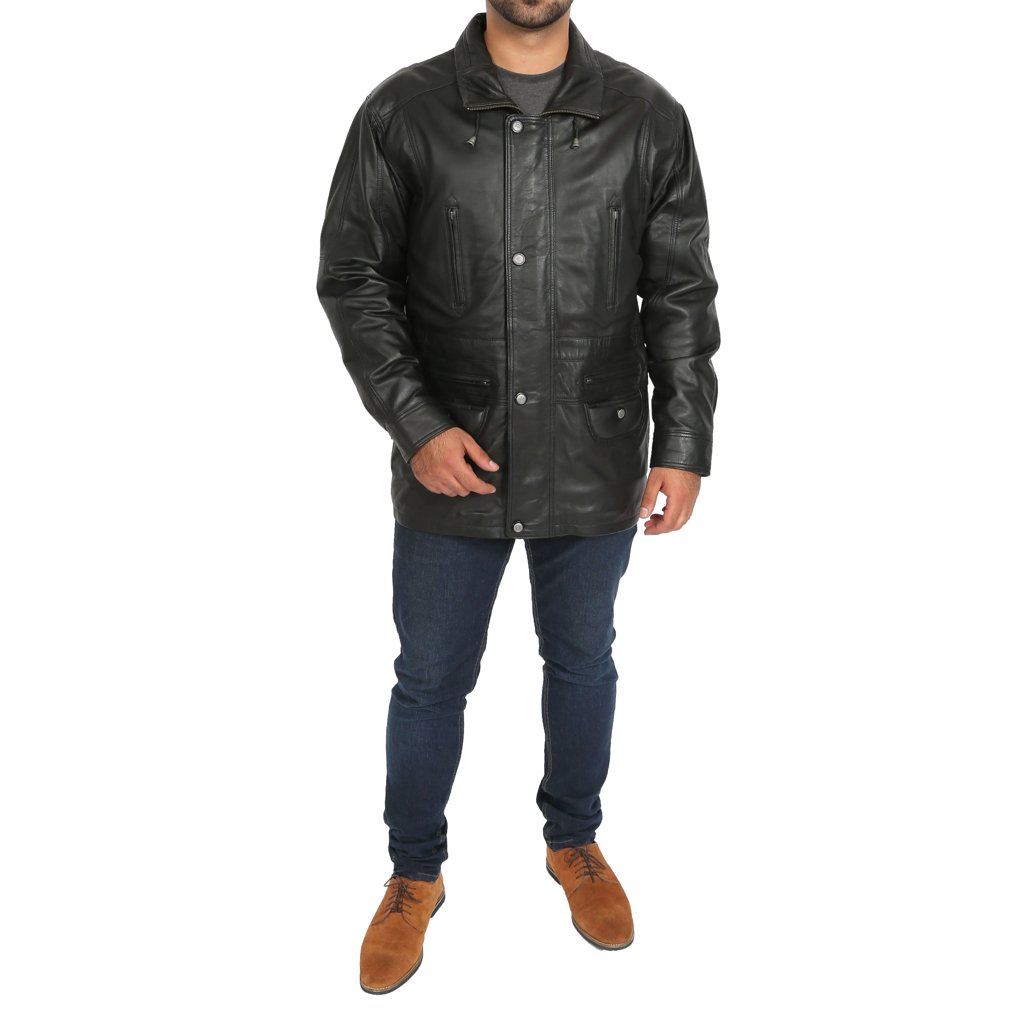 Gents Classic Soft Leather Parka Car Coat Steve Black