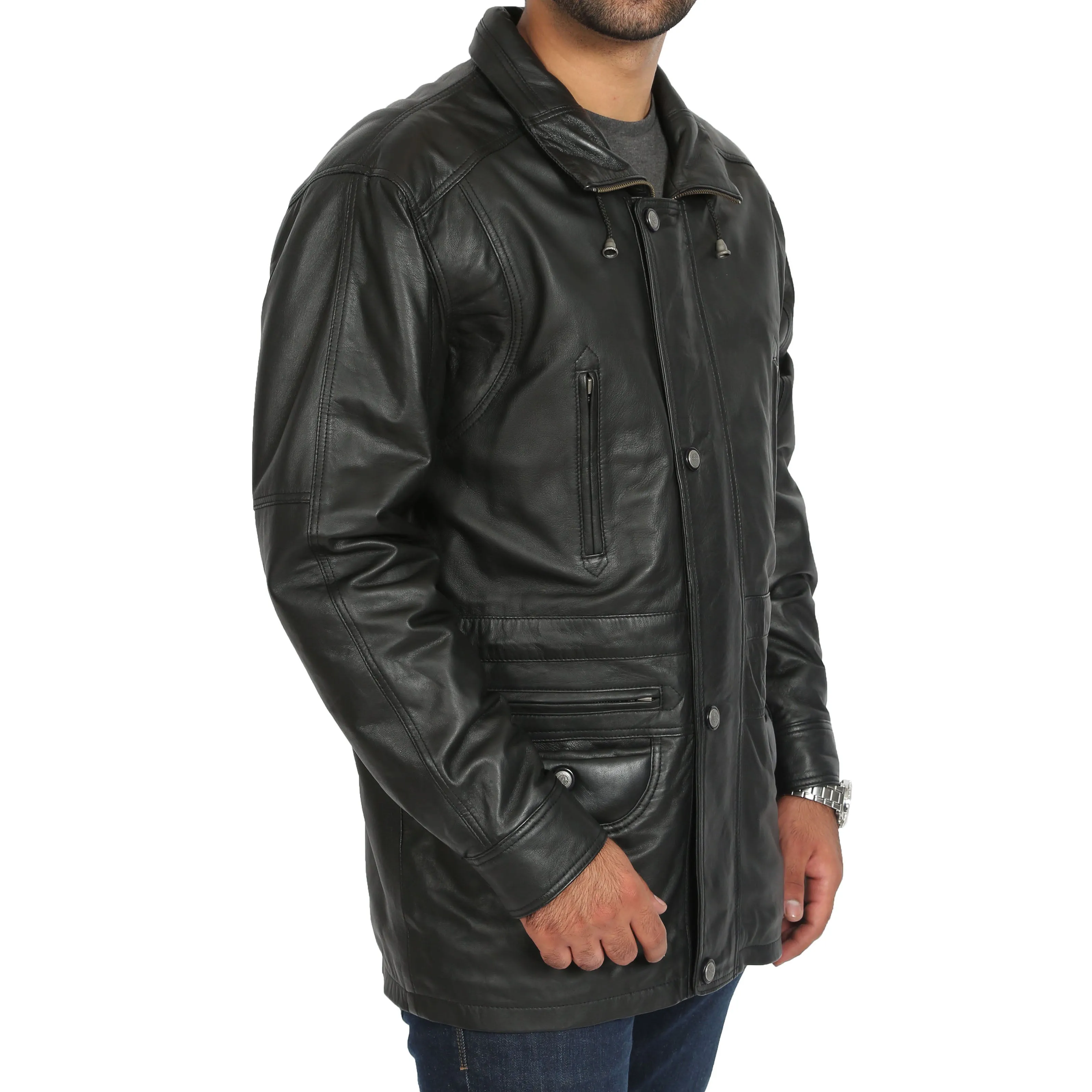 Gents Classic Soft Leather Parka Car Coat Steve Black