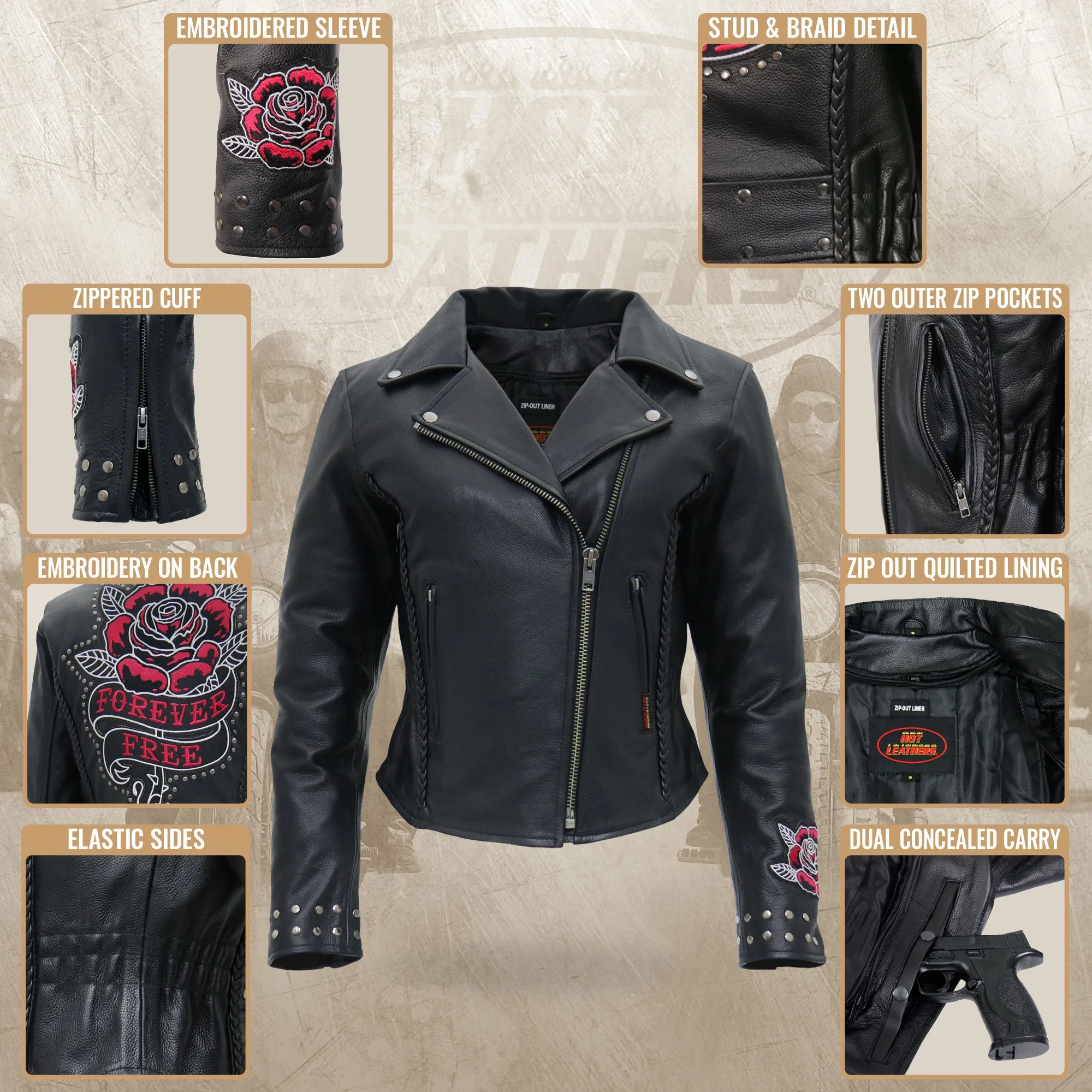 Hot Leathers JKL2001 Ladies Black Braided Motorcycle Leather Biker Jacket with Embroidered Bling Rose Design