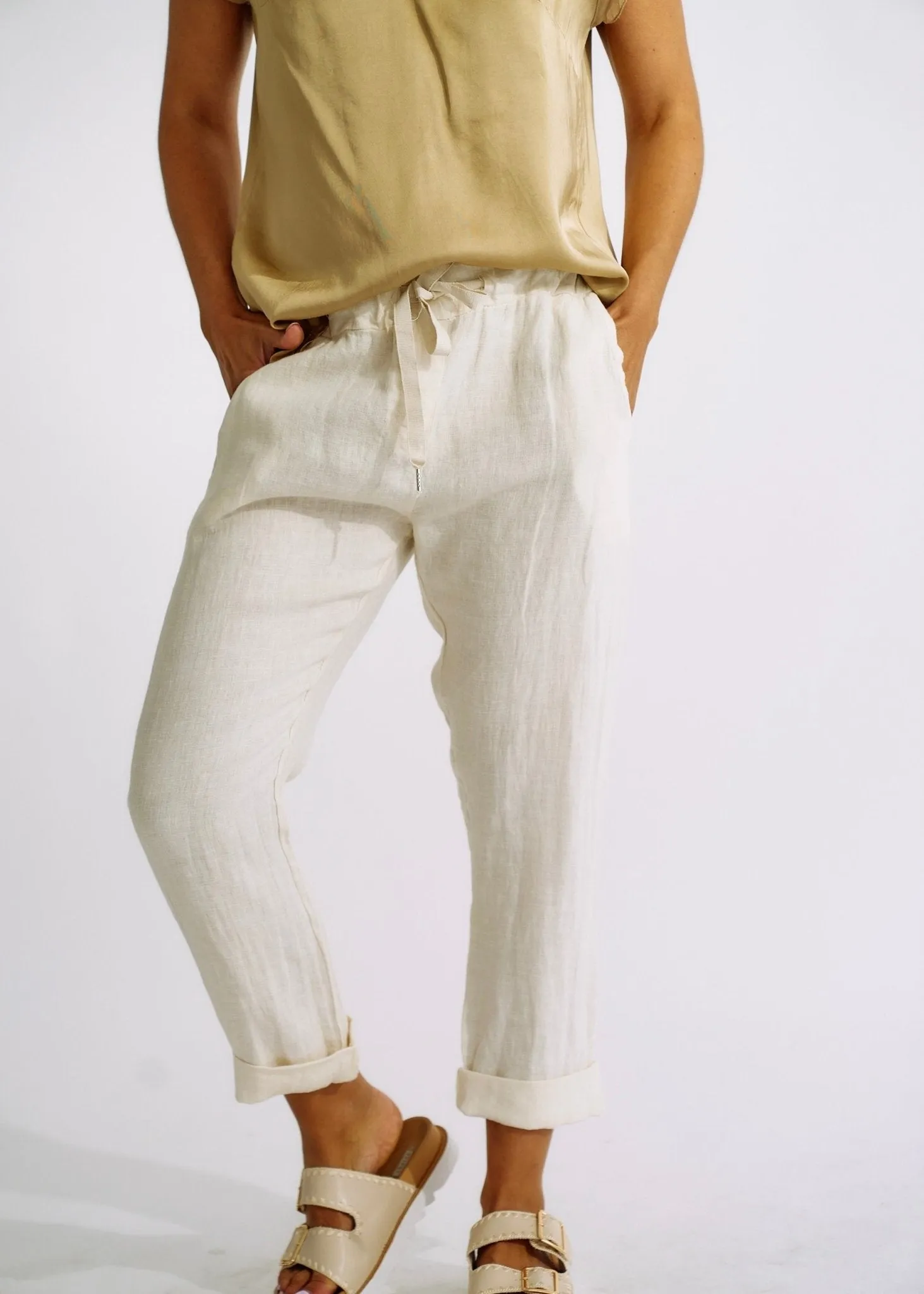 Italian Pure Linen Joggers with Sparkle Star In Cream