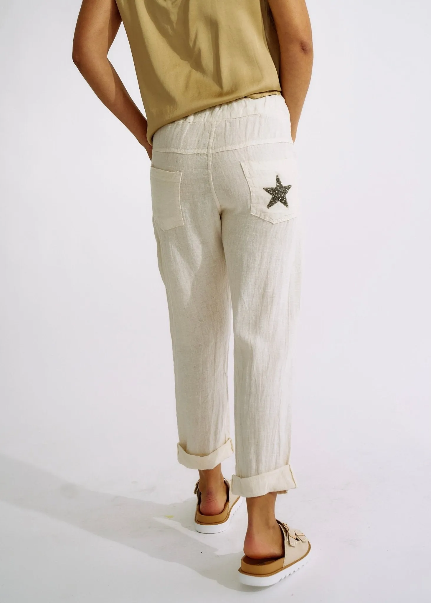 Italian Pure Linen Joggers with Sparkle Star In Cream