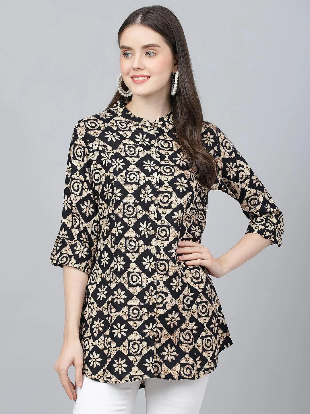 Jashvi Black Floral printed Rayon A-line Shirts Style Top