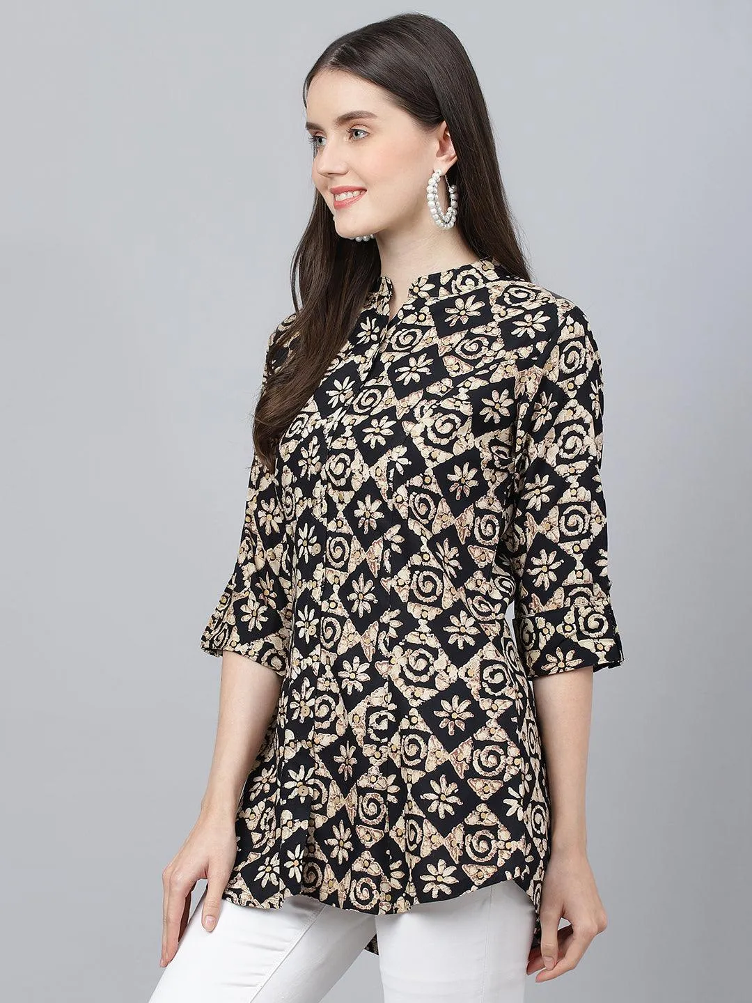 Jashvi Black Floral printed Rayon A-line Shirts Style Top