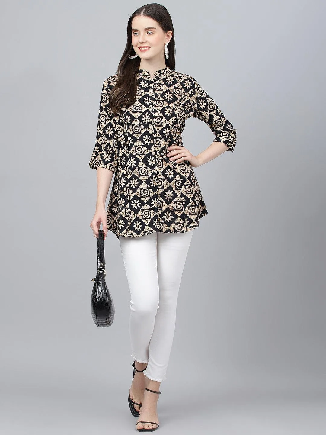 Jashvi Black Floral printed Rayon A-line Shirts Style Top