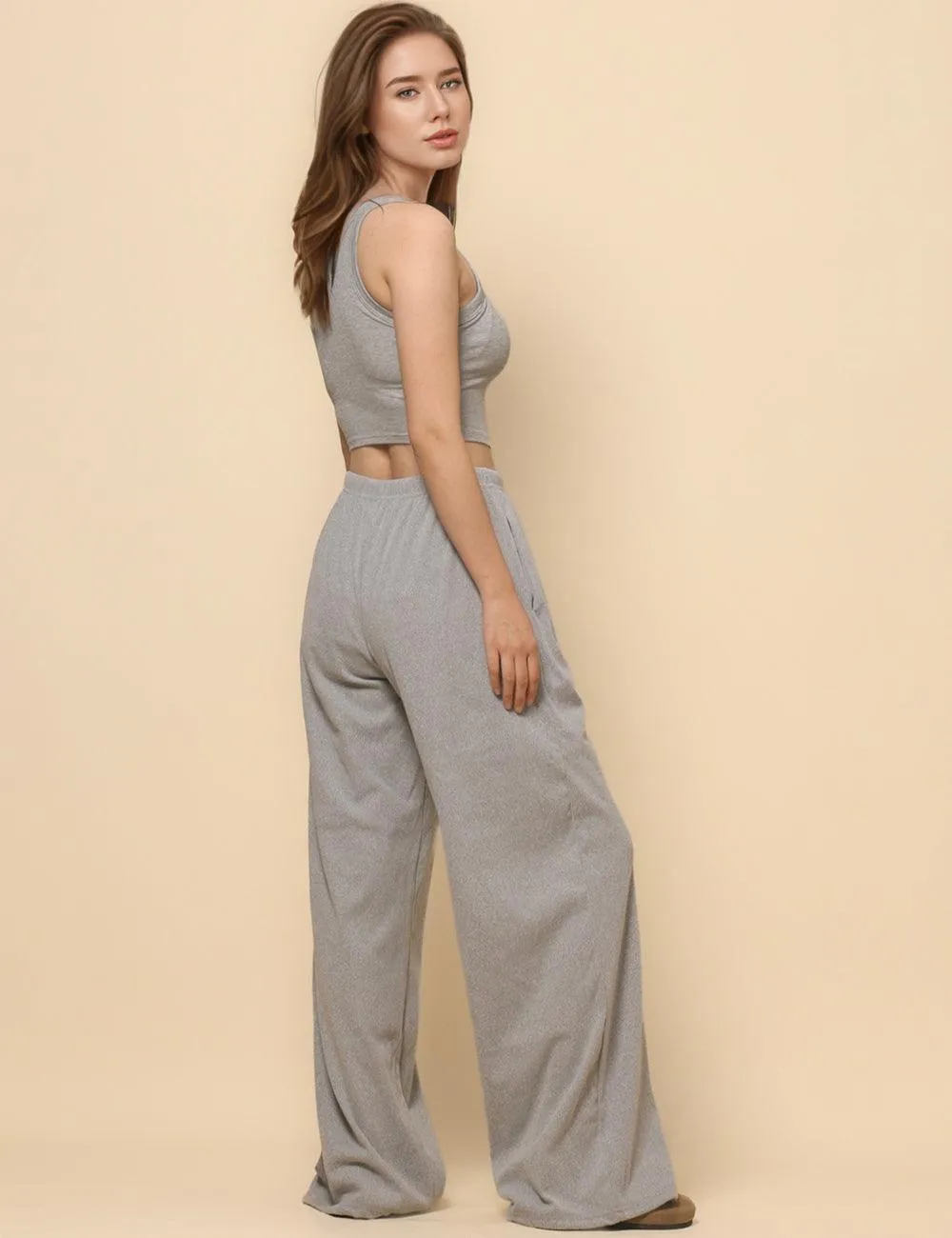 ladies Solid Color Drawstring Wide Leg Pants SKP4784