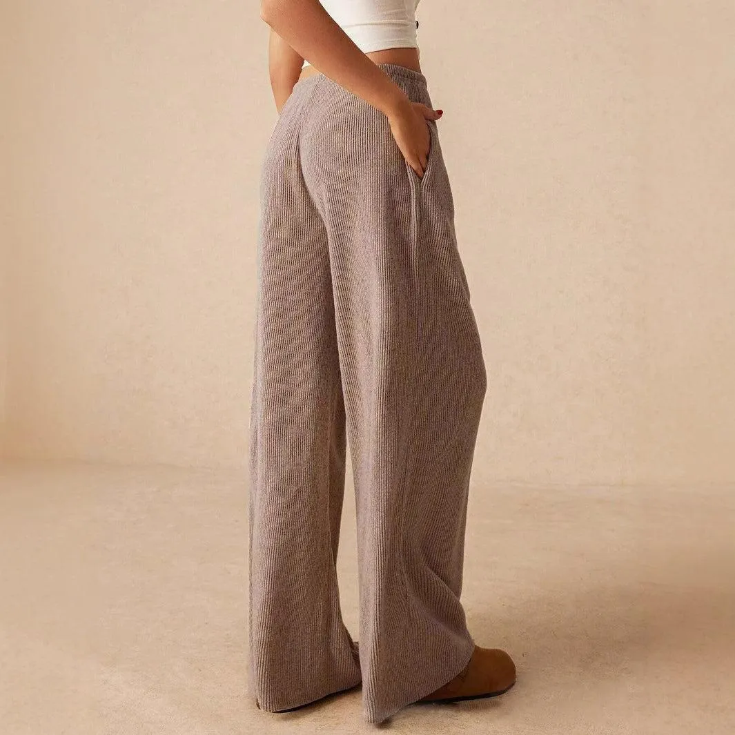 ladies Solid Color Drawstring Wide Leg Pants SKP4784