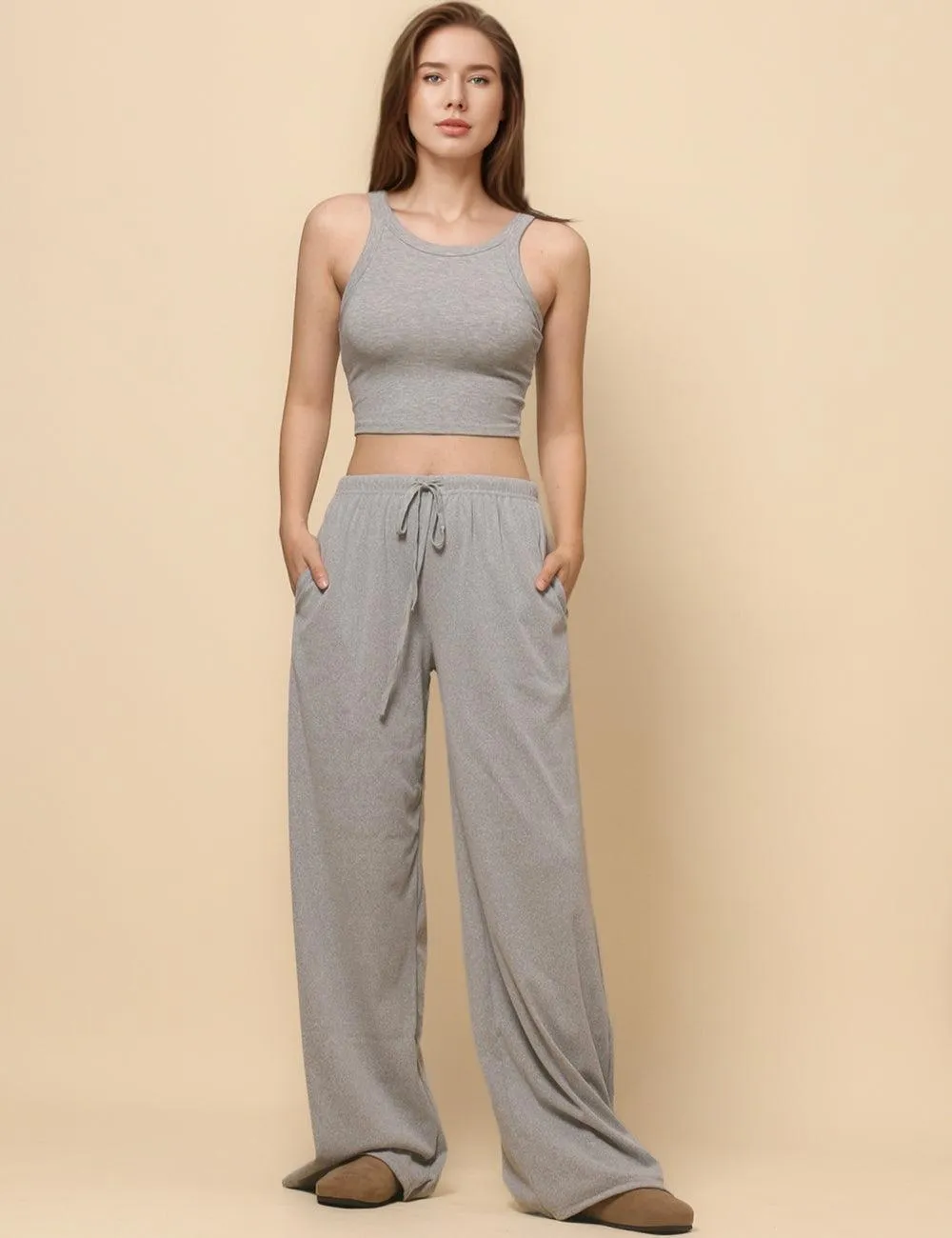 ladies Solid Color Drawstring Wide Leg Pants SKP4784