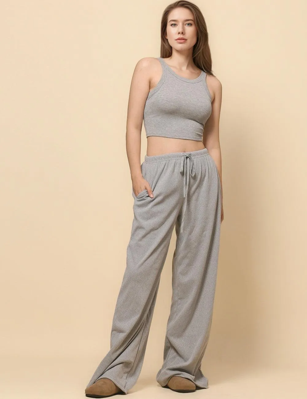 ladies Solid Color Drawstring Wide Leg Pants SKP4784