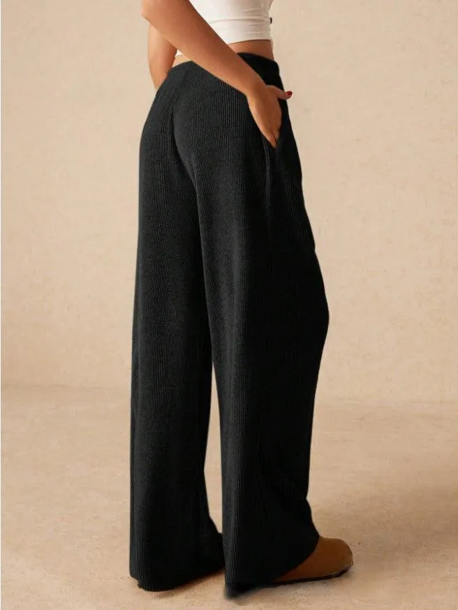 ladies Solid Color Drawstring Wide Leg Pants SKP4784