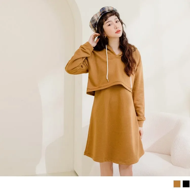 LAYERED-LOOK HOODED LONG SLEEVE MIDI DRESS