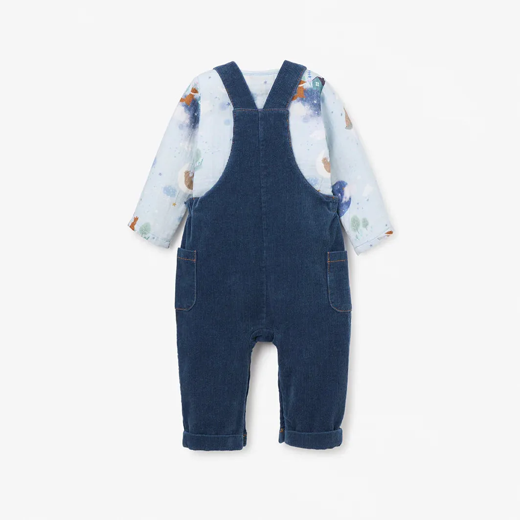 Magical Adventure Muslin Print Top & Corduroy Overalls Set