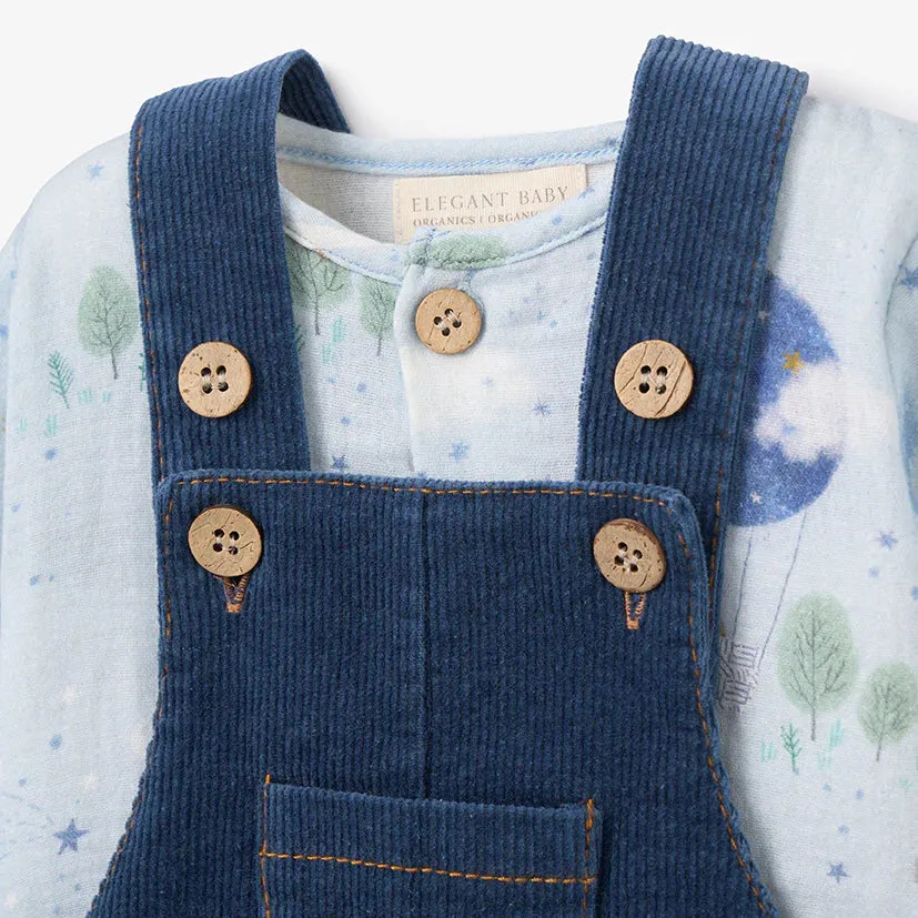 Magical Adventure Muslin Print Top & Corduroy Overalls Set