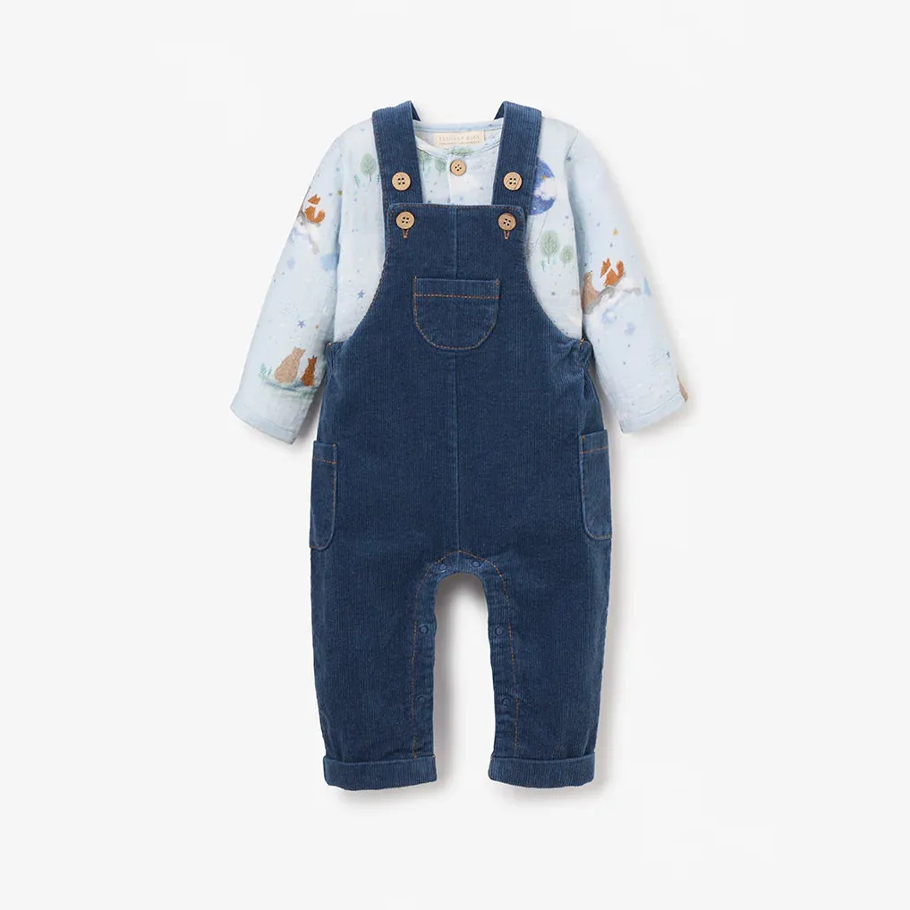 Magical Adventure Muslin Print Top & Corduroy Overalls Set