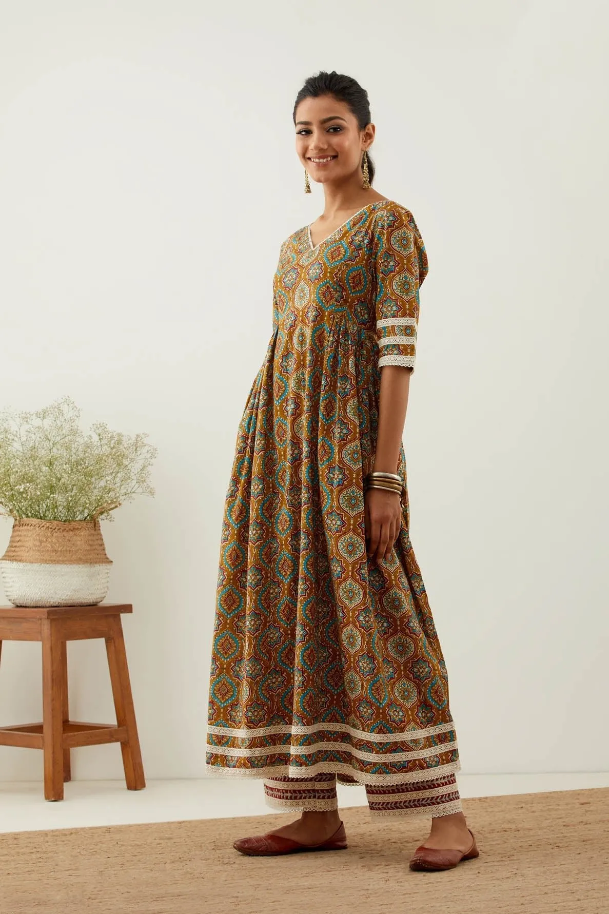 Mustard Cotton Printed Markab Anarkali Kurta with Palazzo (Set of 2)