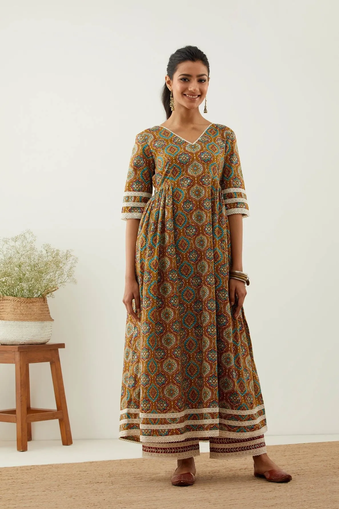 Mustard Cotton Printed Markab Anarkali Kurta with Palazzo (Set of 2)