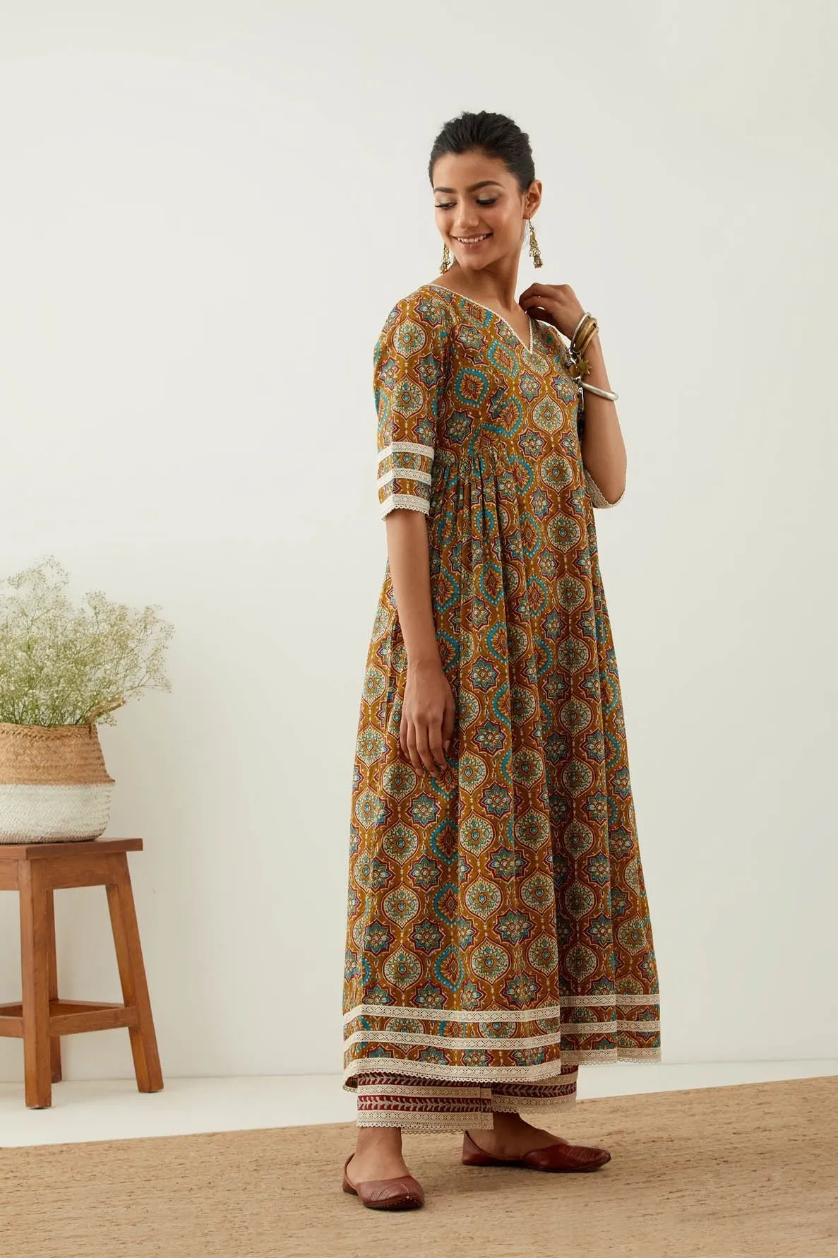 Mustard Cotton Printed Markab Anarkali Kurta with Palazzo (Set of 2)