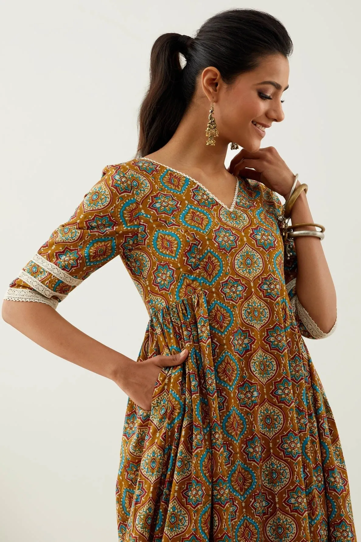 Mustard Cotton Printed Markab Anarkali Kurta with Palazzo (Set of 2)