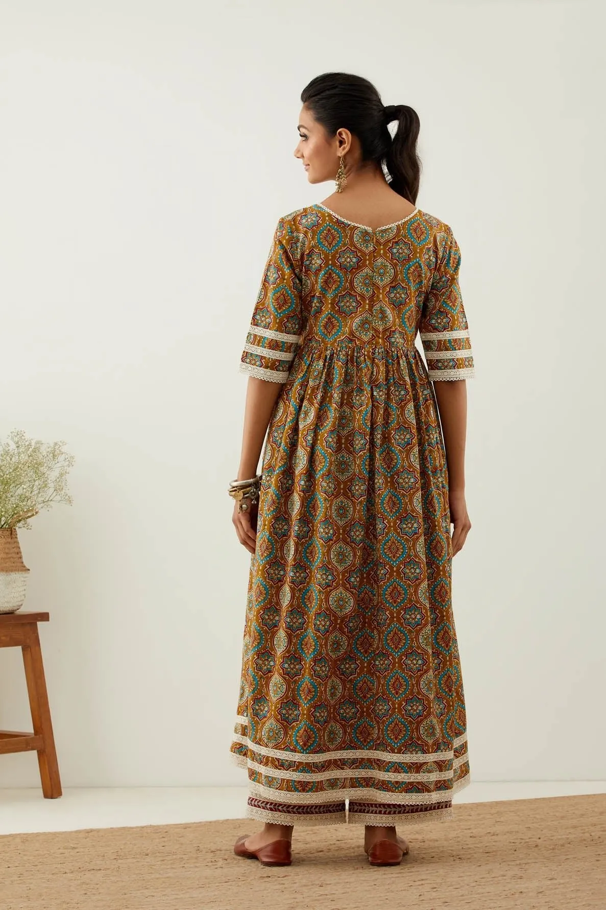 Mustard Cotton Printed Markab Anarkali Kurta with Palazzo (Set of 2)