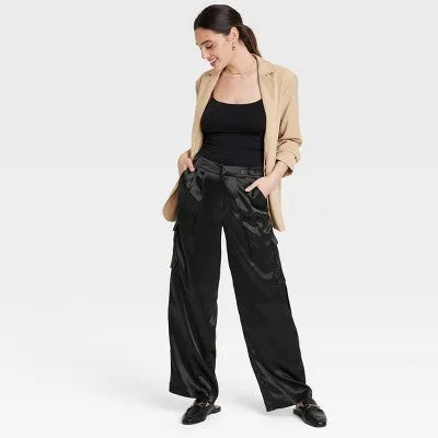 New - A New Day Women's Straight Relaxed High Rise Satin Cargo Pants Glossy