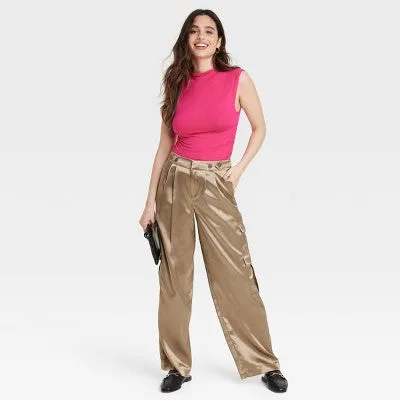 New - A New Day Women's Straight Relaxed High Rise Satin Cargo Pants Glossy