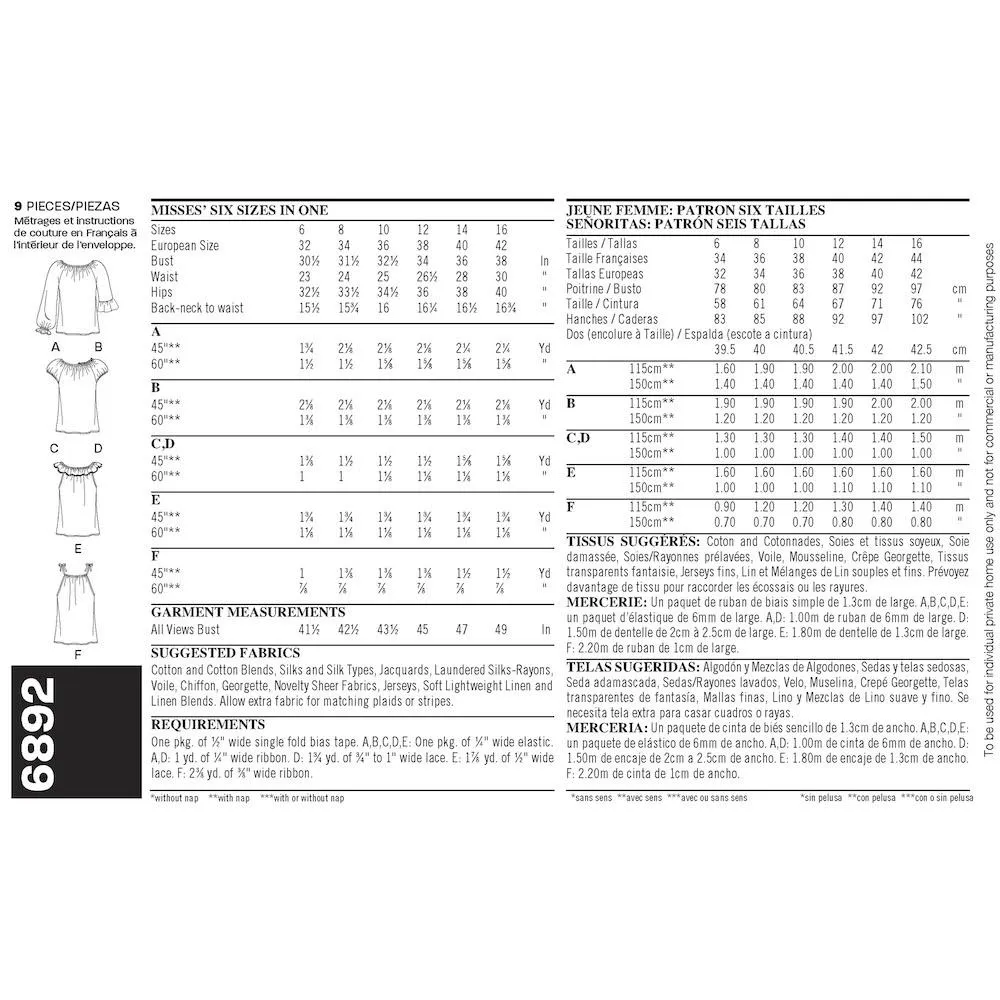 Newlook Pattern 6892 Misses Easy 2 Hour* Tops