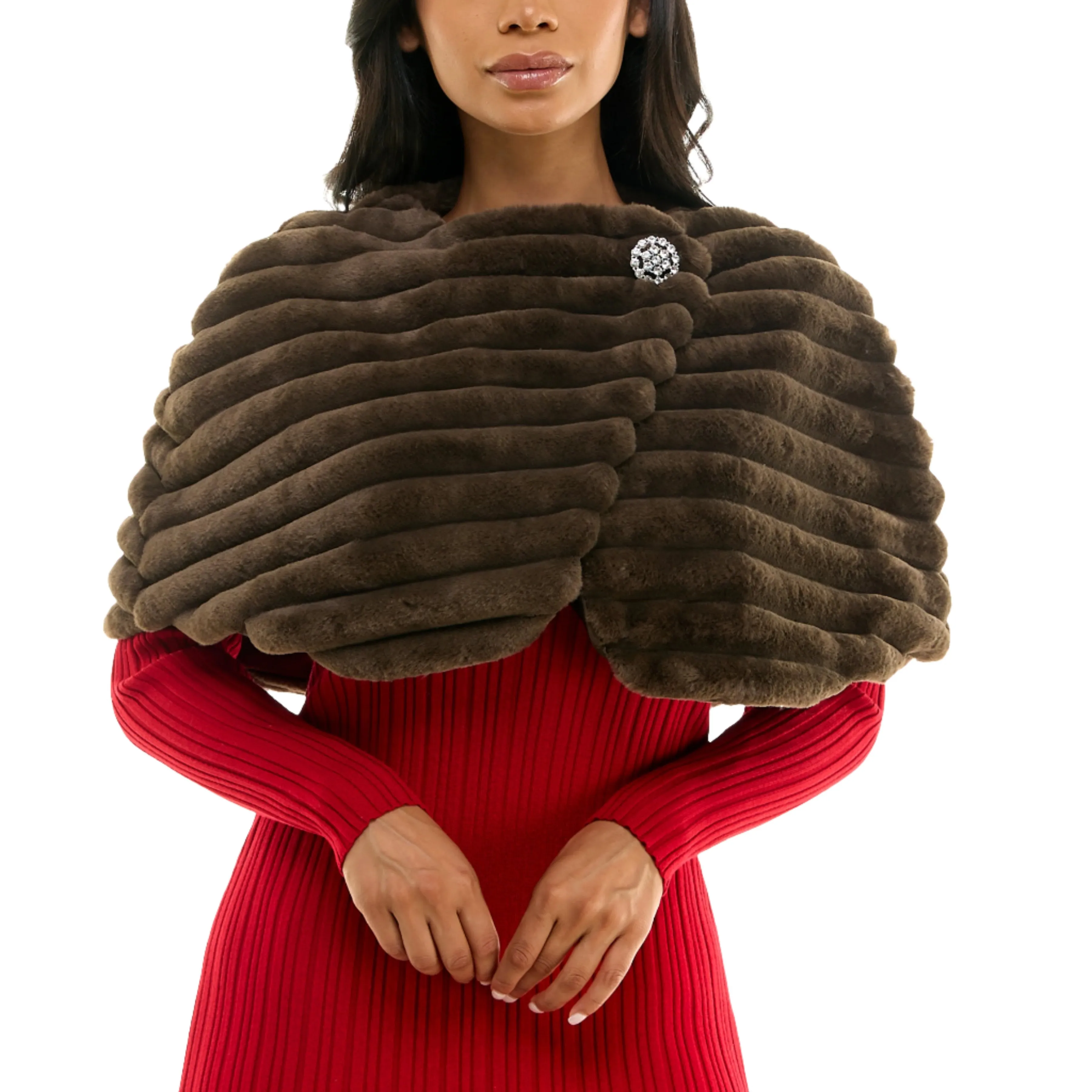 Nina Leonard Wrap Over Faux Fur Capelet And Crystal Closure