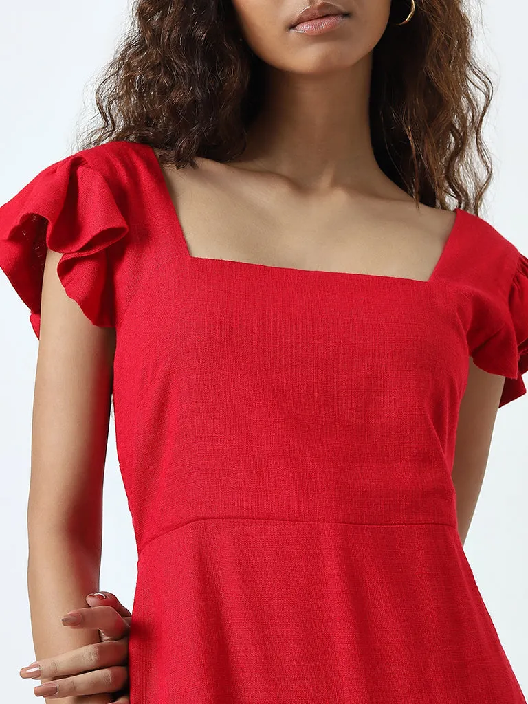 Nuon Red Knot-Detailed A-Line Cotton Dress