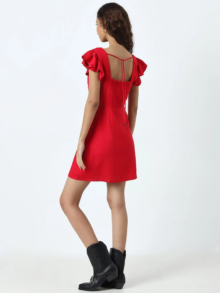 Nuon Red Knot-Detailed A-Line Cotton Dress