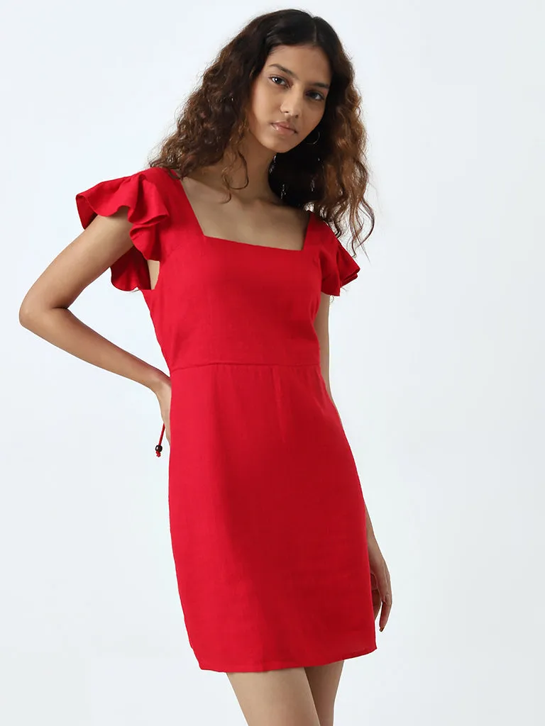 Nuon Red Knot-Detailed A-Line Cotton Dress