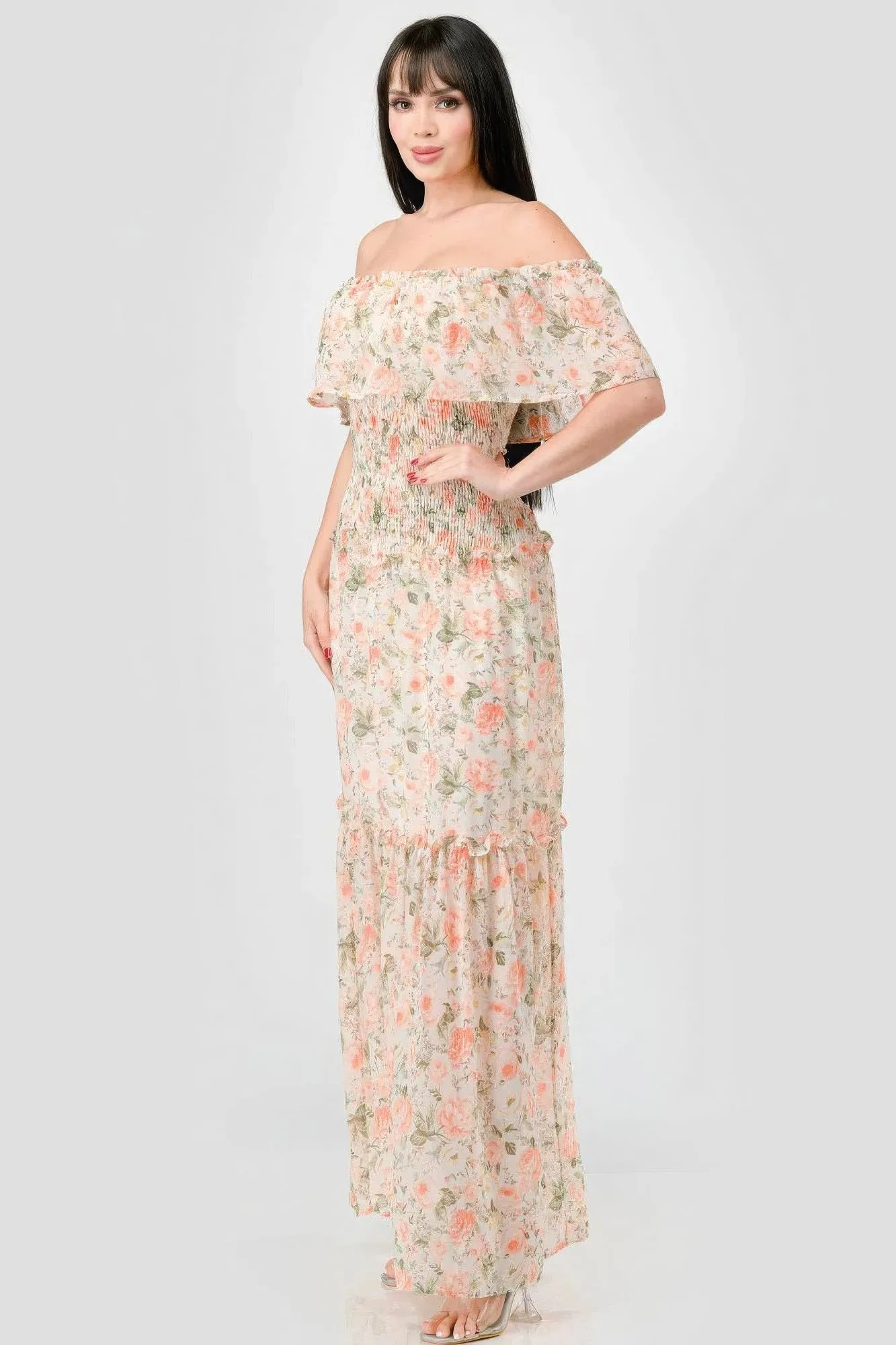 Off Shoulder Floral Maxi Dress for Women in Chiffon with Ruffles