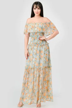 Off Shoulder Floral Maxi Dress for Women in Chiffon with Ruffles